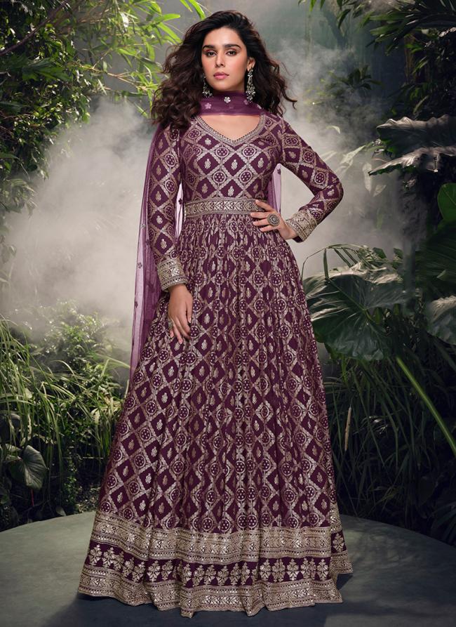 Pure Viscose Purple Wedding Wear Embroidery Work Readymade Anarkali Suit